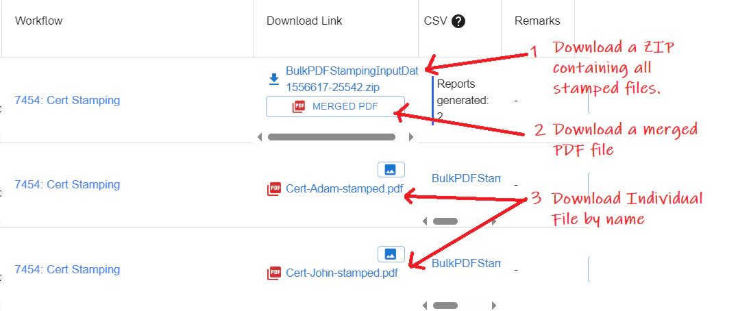 Workflow Activity view with stamped PDF files ready for download