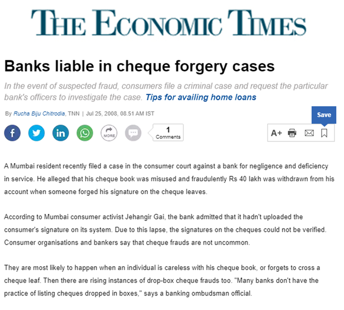 Fake Cheques alert !....Banks are liable to pay for fake cheques