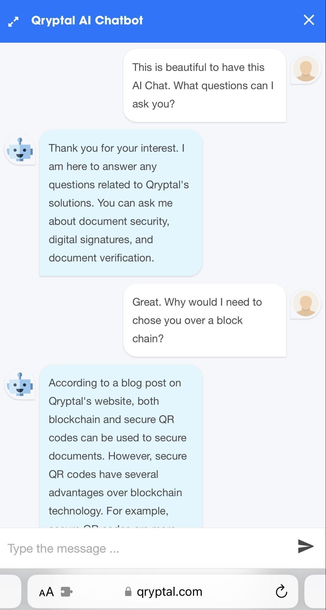 Screenshot of customer & chatbot exchange