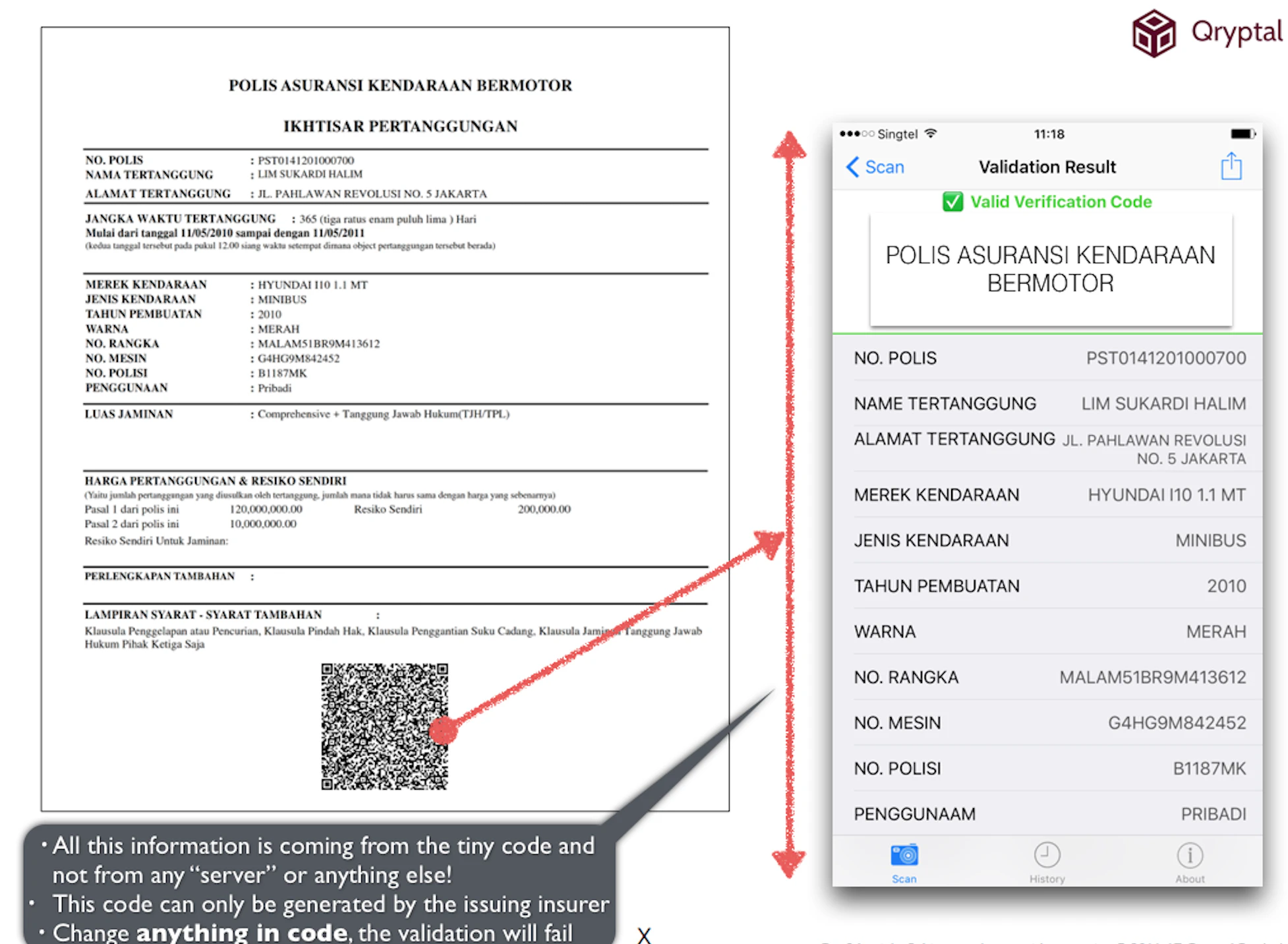 Sample motor insurance policy with secure QR code
