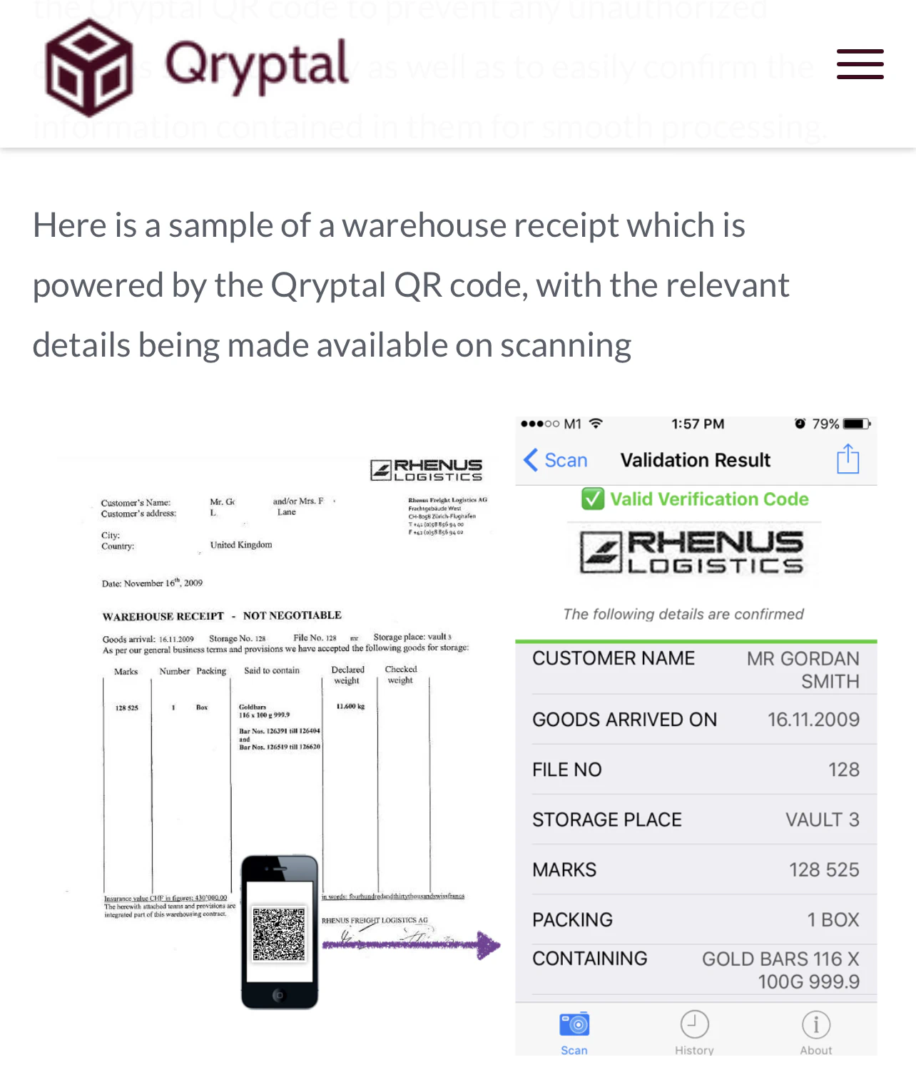 Sample warehouse receipt secured by Qryptal code