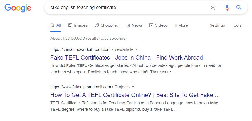 Google search result for fake english certification