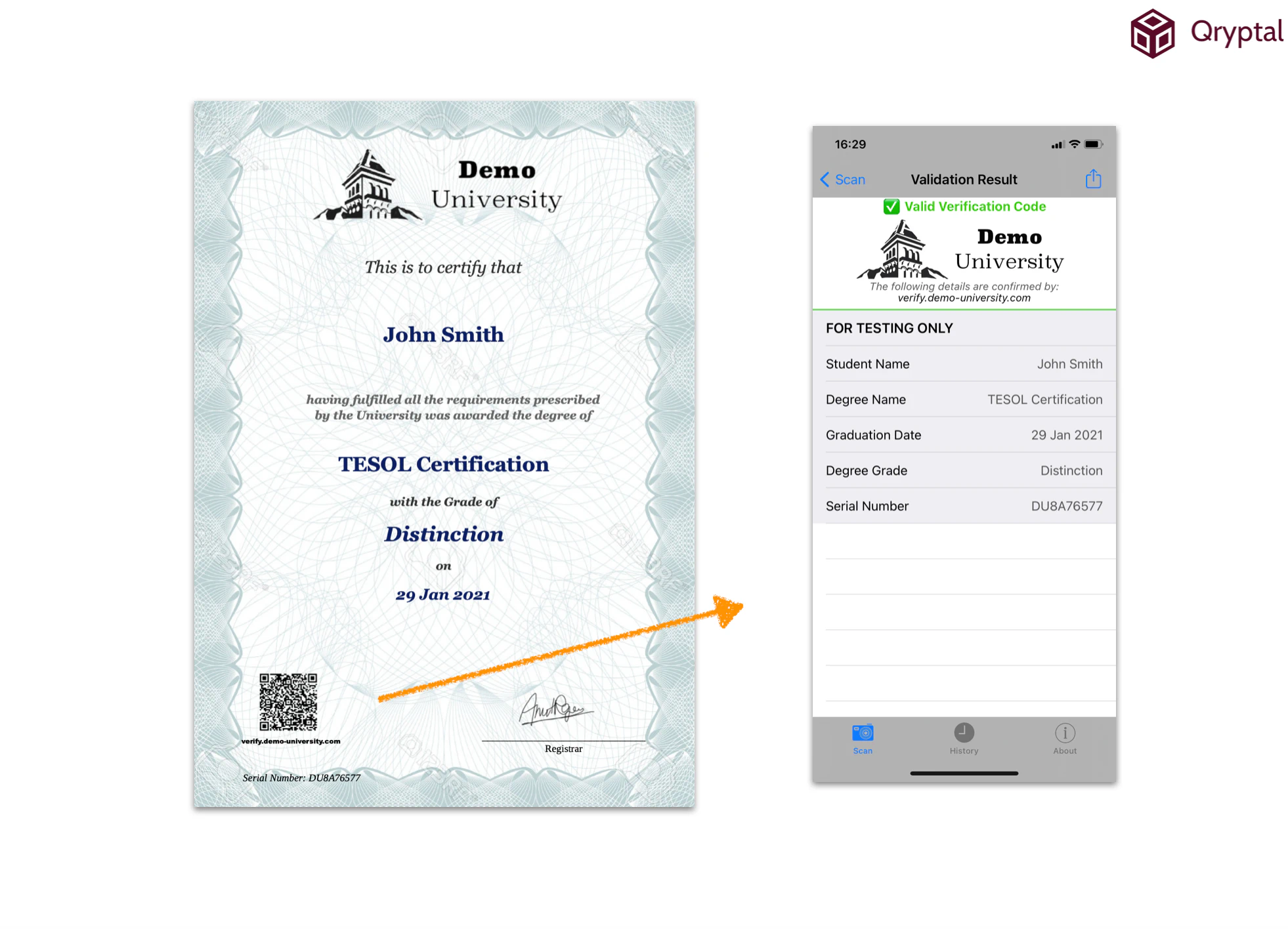 Sample language certificate with secure QR code