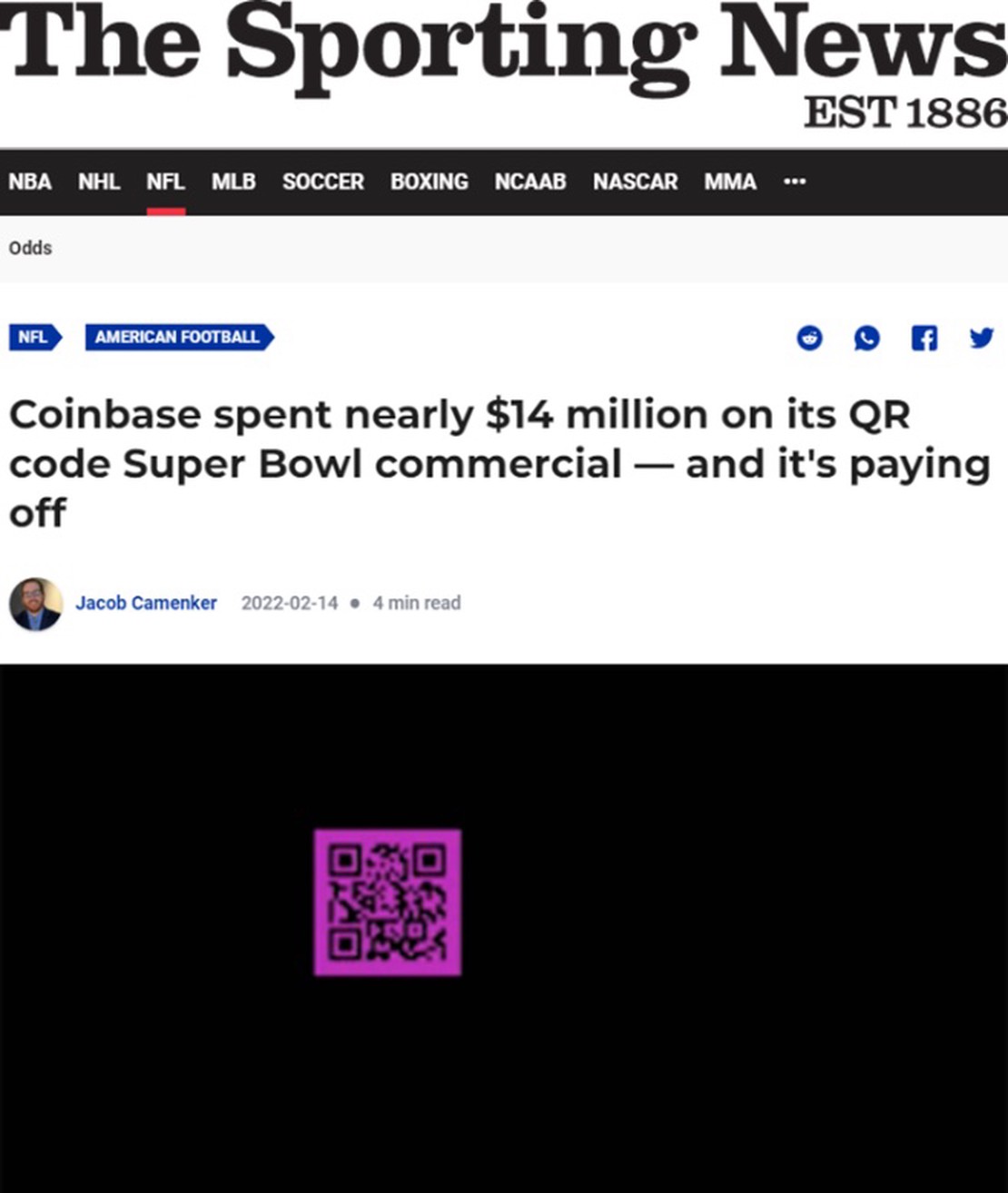 Dissecting Coinbase's US$14m 'lazy creative' Super Bowl 2022 QR advert